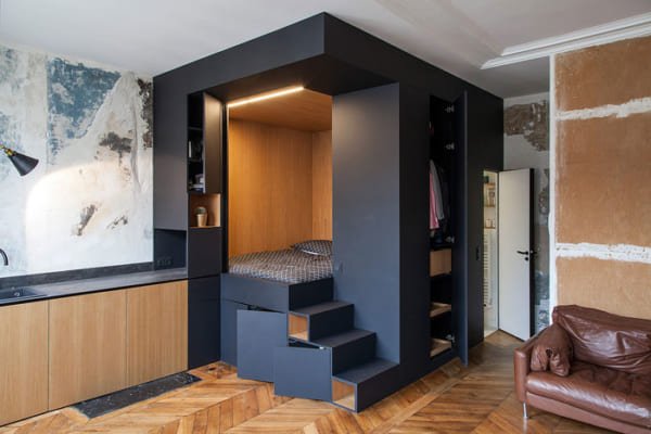 350 square feet modern studio design hidden storage compartments 600x400 - Tiện nghi với 4 cách thiết kế nội thất cho không gian nhà ở nhỏ, hẹp