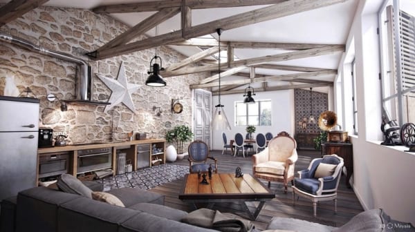 phòng khách với phong cách mộc Rustic1 600x336 - Giải pháp kiến trúc dành cho gia đình và nhà ở