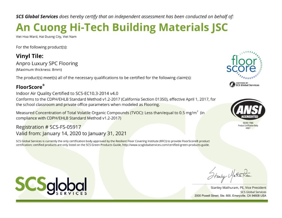 2020 SCS Floorscore 05917 s 1 - AnPro SPC Flooring achieves international standard FloorScore, certified for indoor air quality